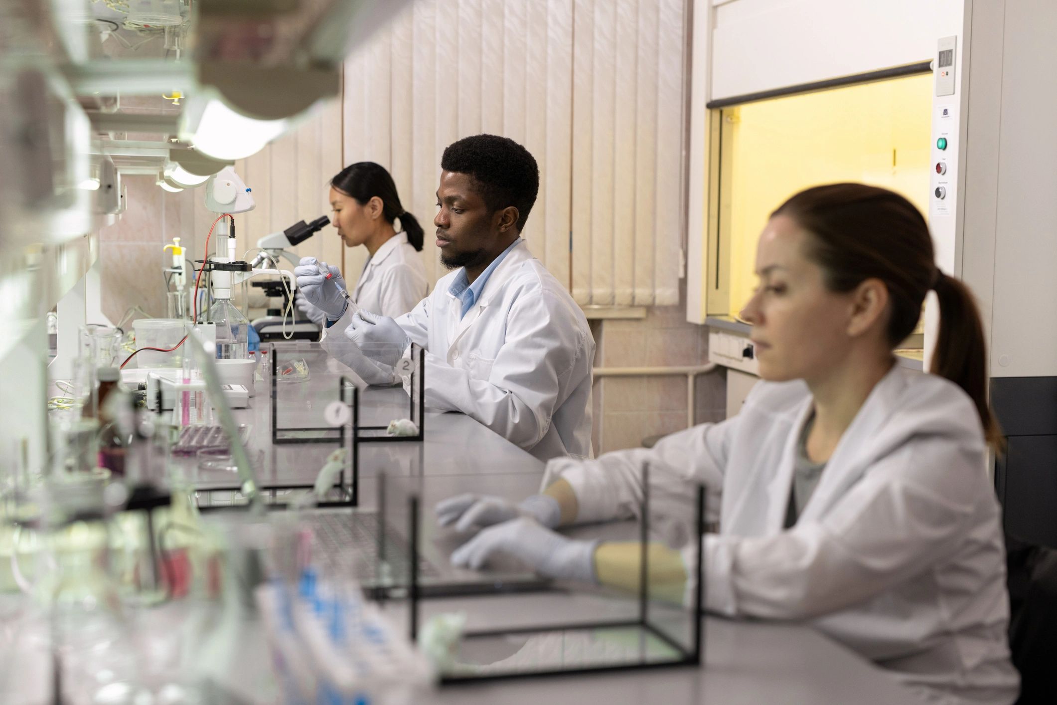 Scientists collaborating at a lab workstation